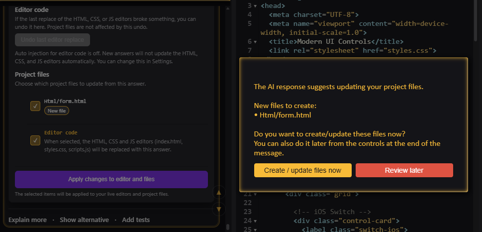 CodVerter AI confirmation dialog for creating or updating project files