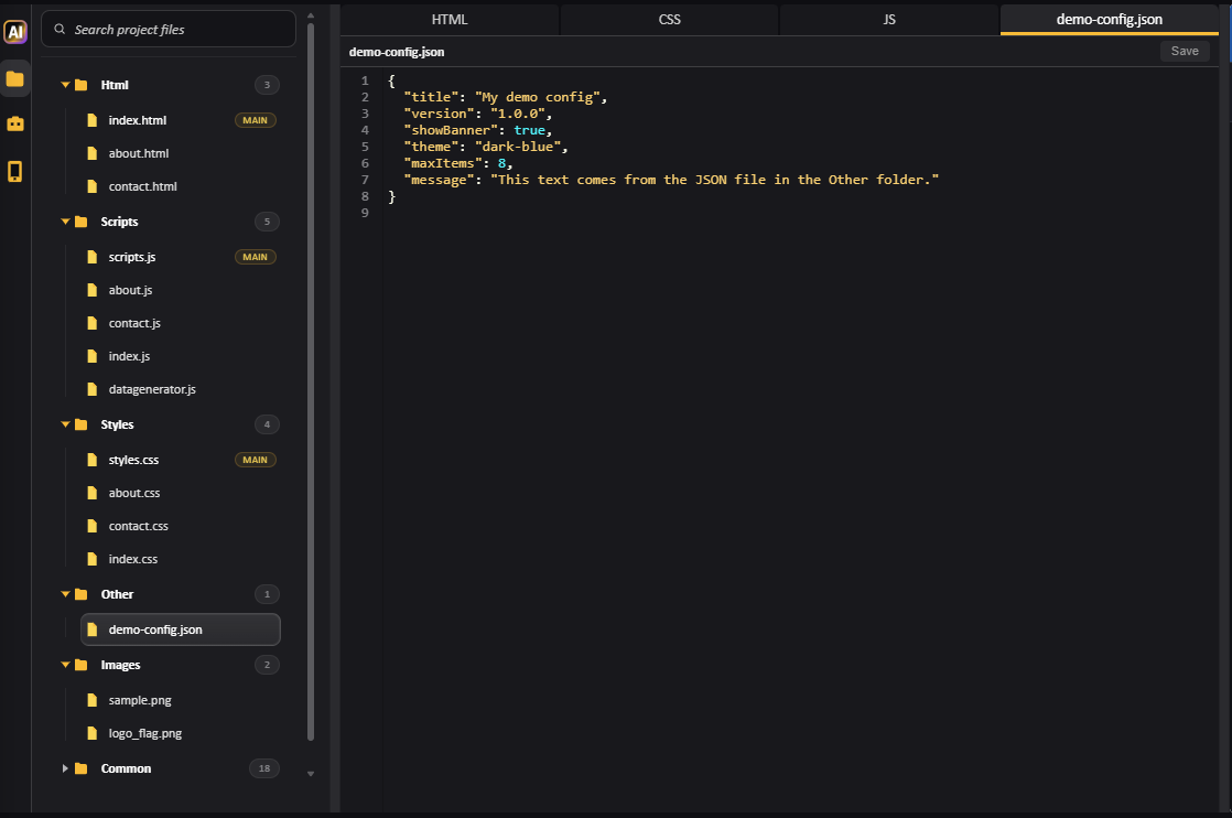 CodVerter external file editor editing a JSON file