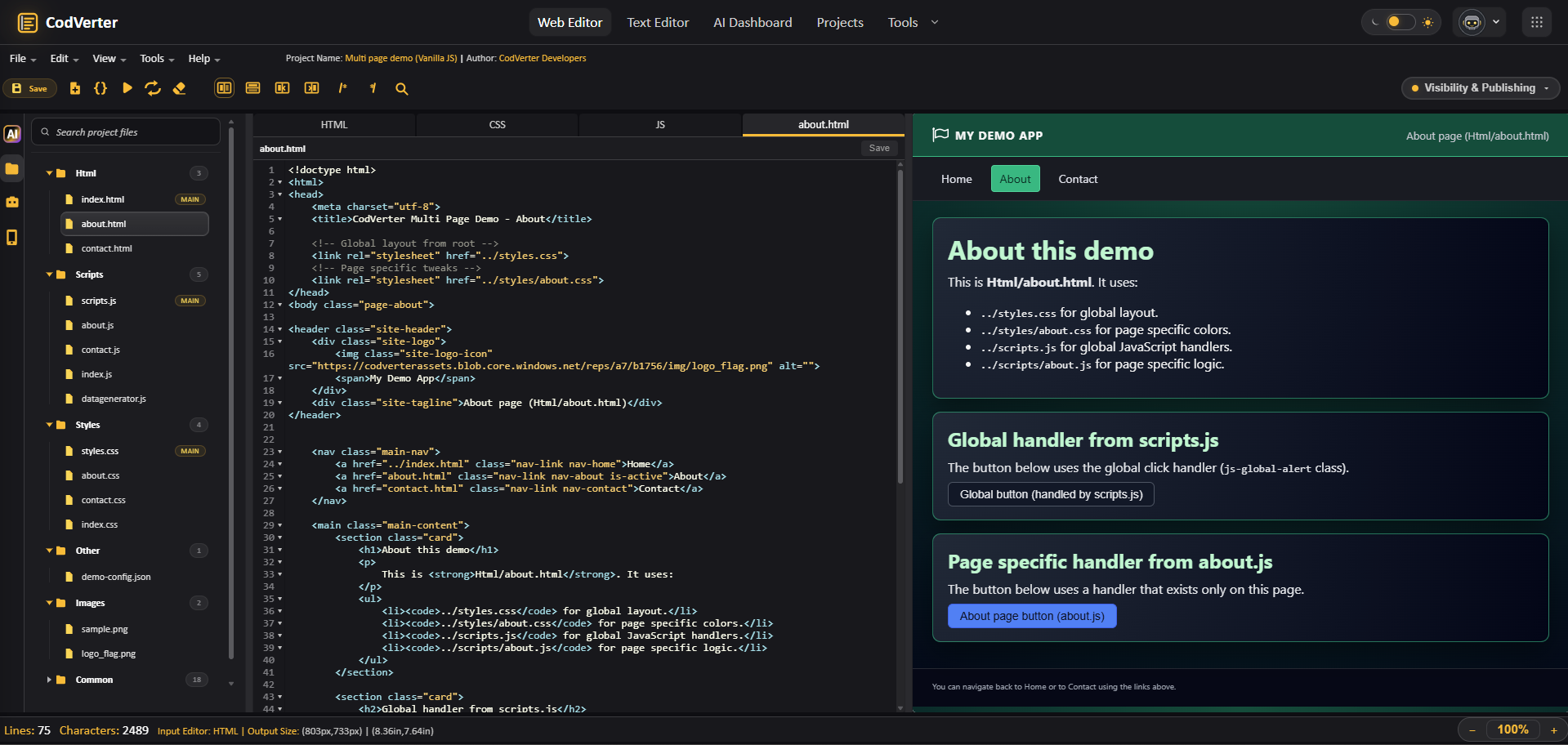 CodVerter multi-page project preview showing about.html