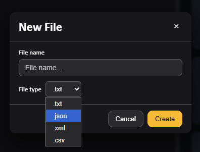 CodVerter New File dialog for creating a JSON file