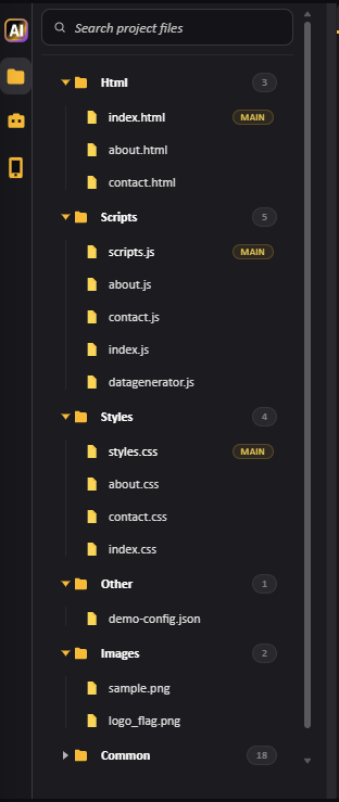 CodVerter Project Files panel with Html, Scripts, Styles, Other, Images, and Common folders
